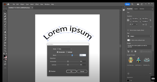 Adjusting the curve of the text in Adobe Illustrator