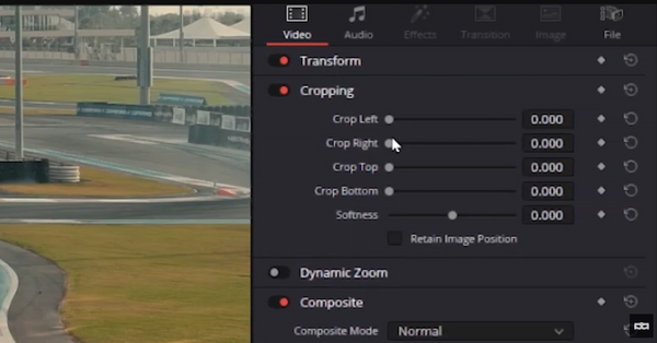 Cropping controls under transform tab in DaVinci Resolve 18