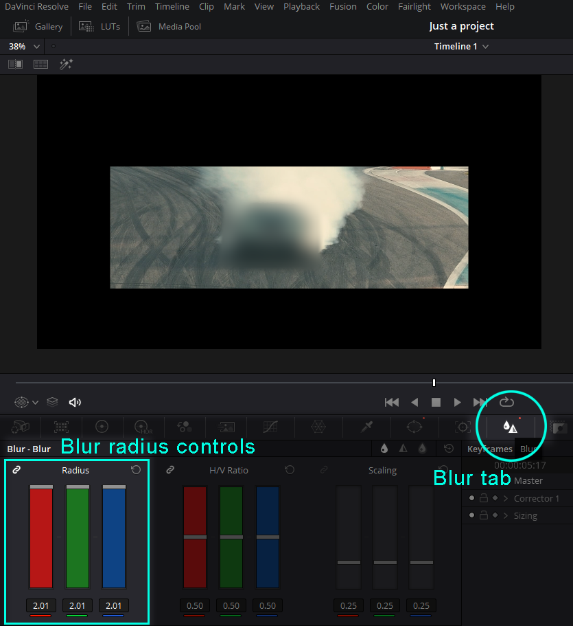 Increase blur radius around shape in DaVinci Resolve 18