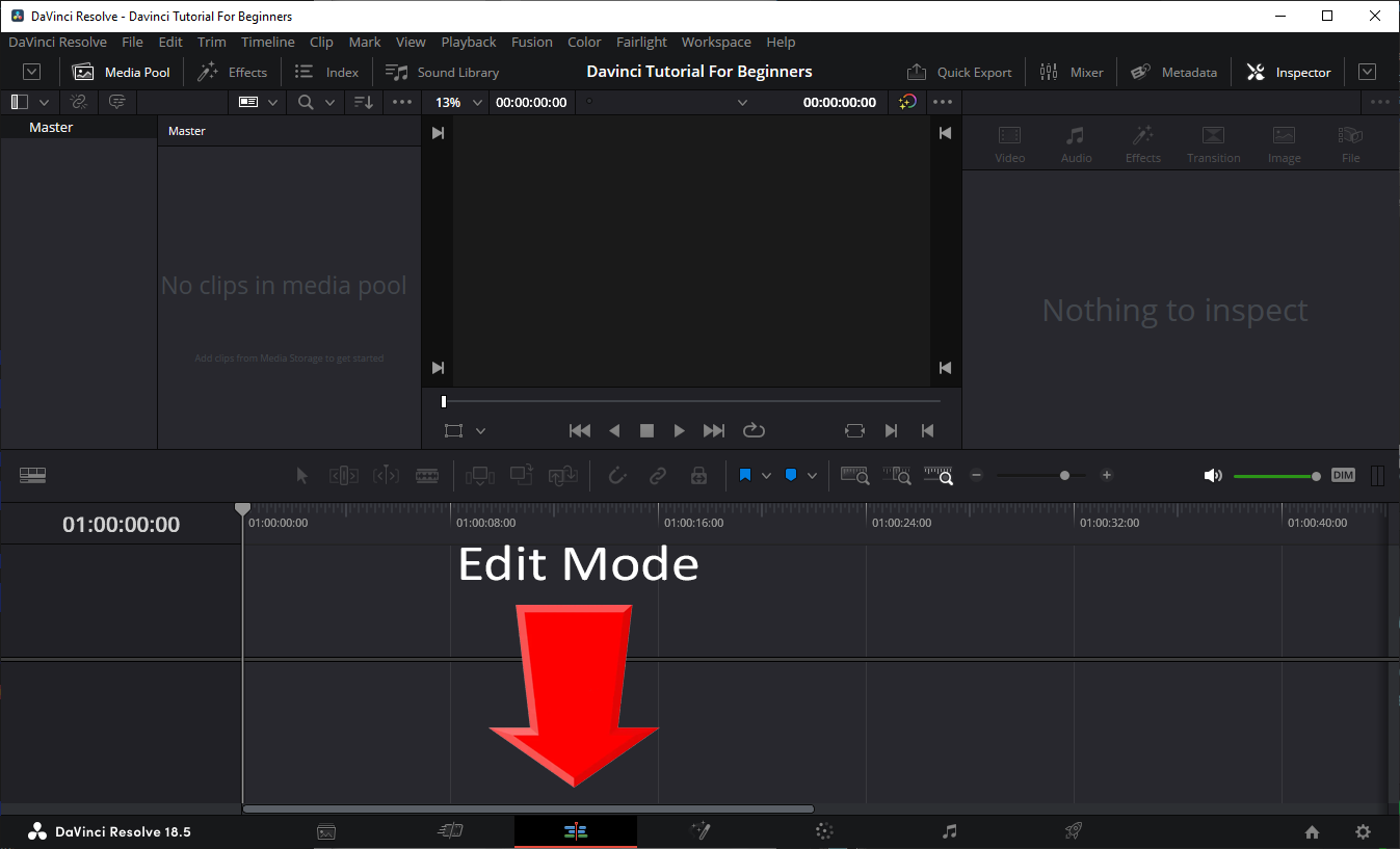 Davinci Resolve 18 Edit Mode, where is it on the navigation bar?