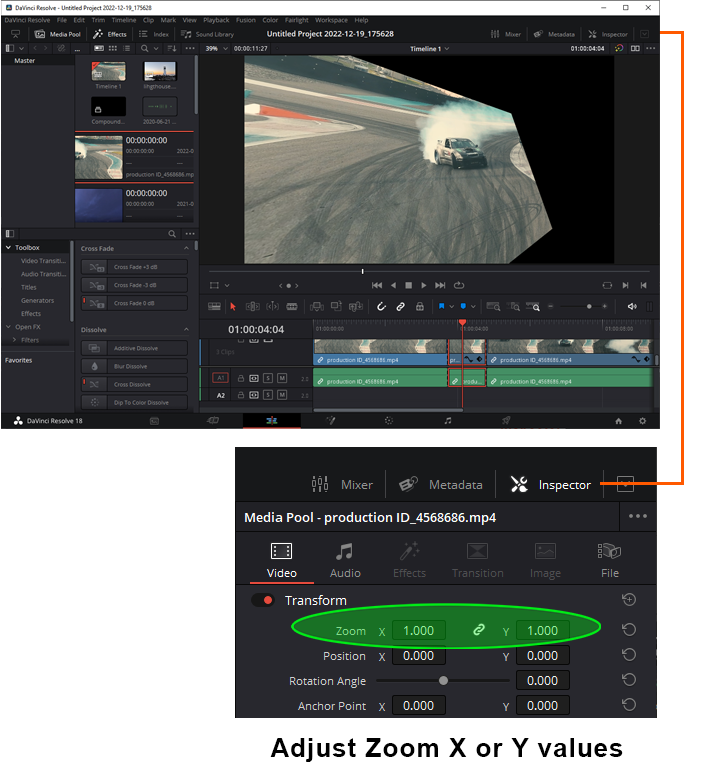 DaVinci Resolve 18 how to zoom in or out on video clip, where is zoom controls