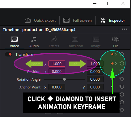 How to insert keyframe to animate zoom effect in davinci resolve 18