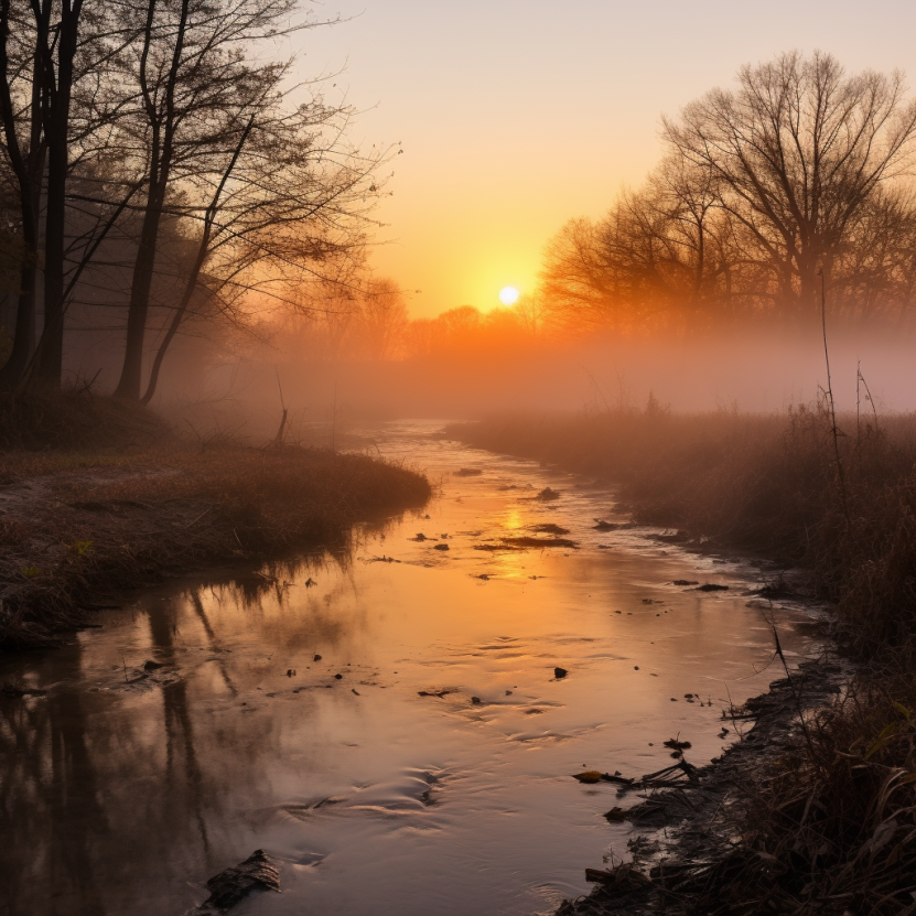 foggy,creek,morning,peaceful,midjourney-generated image example from a simple prompt