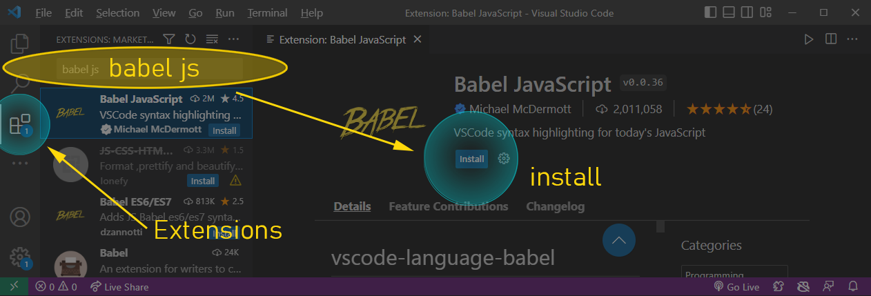 How to install Babel JS extension in VSCode