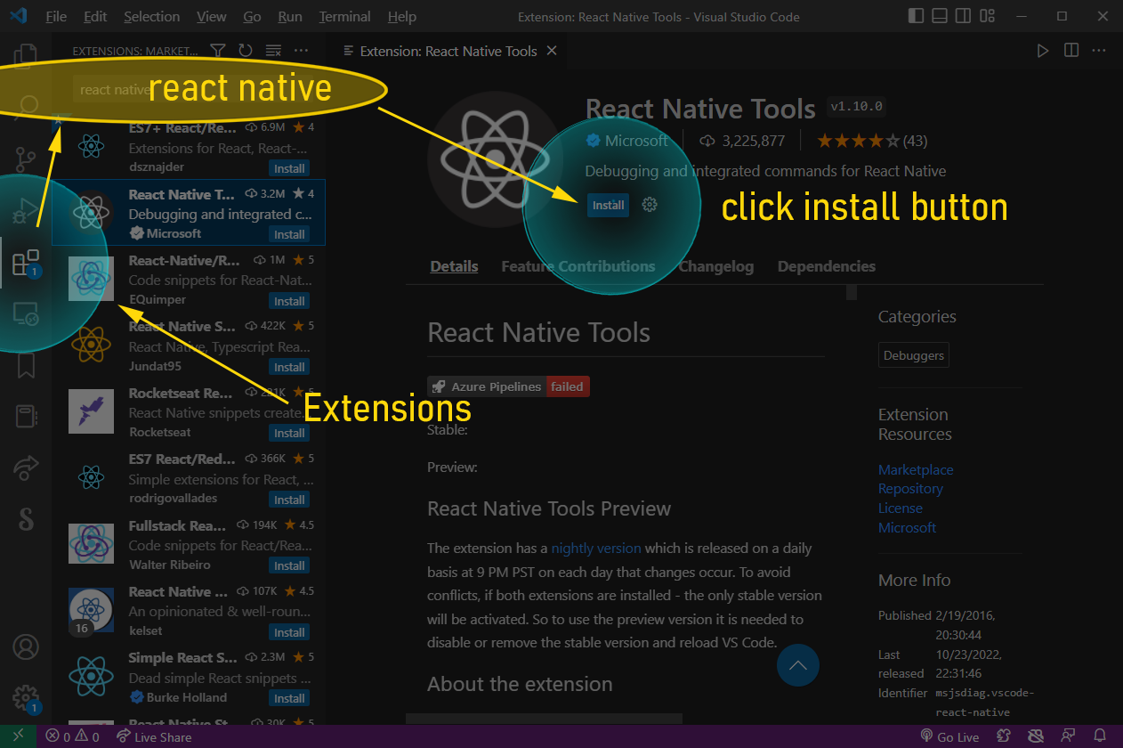How to install React Native Tools extension in VSCode
