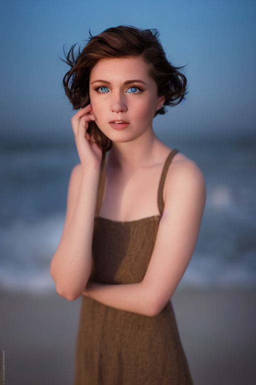 midjourney photorealistic portrait of a young woman standing on the beach