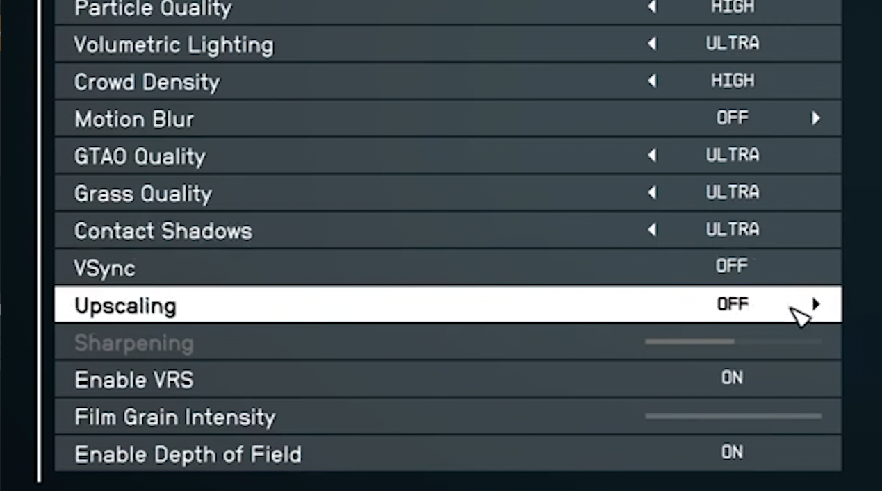 Starfield graphics display upscaling settings