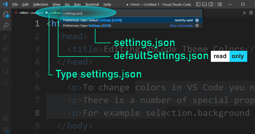 Command Palette, open settings.json or defaultSettings.json file in VSCode